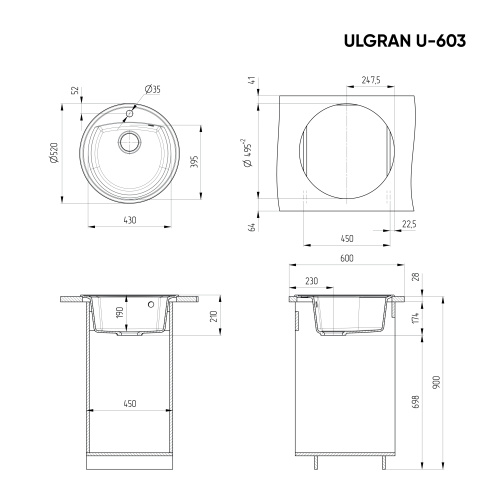 Кухонная мойка Ulgran Classic U-603-308 52х52 цвет черный - фото 2