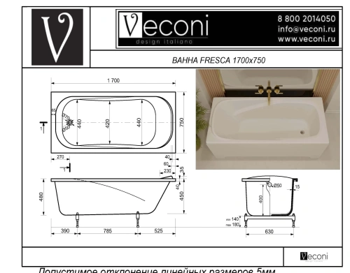 Ванна из искусственного камня Veconi FRESCA FRS17075M 170х75 пристенная прямоугольная без ножек - фото 3