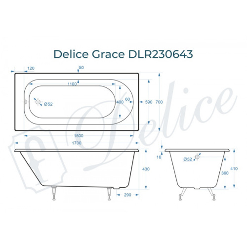 Ванна чугунная Delice Grace DLR230643 170х70 пристенная прямоугольная без ножек - фото 2