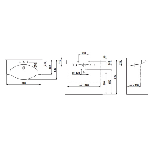 Раковина керамическая Laufen Palace 90 см 8.1170.2.000.104.1 подвесная цвет белый 1 отверстие под смеситель - фото 2
