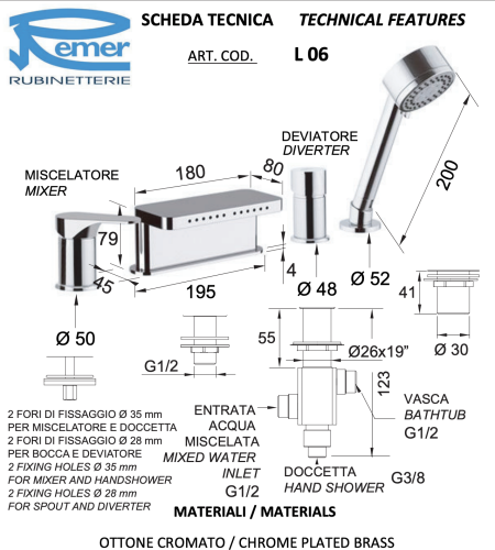 Смеситель Remer Class Line L06 на борт ванны хром - фото 2