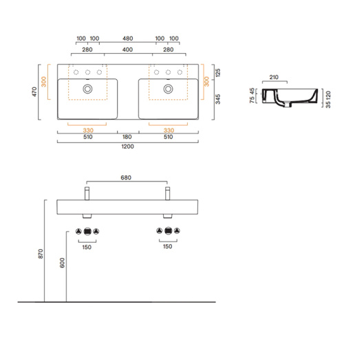 Раковина керамическая Catalano Premium 120 см 221220001 подвесная цвет белый без отверстий под смеситель - фото 2