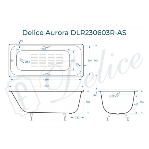 Ванна чугунная Delice Aurora DLR230603R-AS 150х70 пристенная прямоугольная без ножек с отверстиями под ручки - фото 2