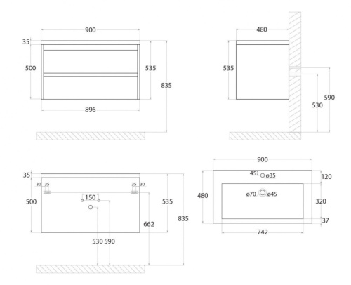 Тумба под раковину Art&Max TECHNO Family-900-2C-SO-BL 90х48х55 подвесная цвет белый глянцевый - фото 3