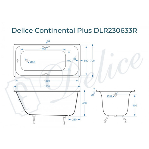 Ванна чугунная Delice Continental PLUS DLR230633R 150х70 пристенная прямоугольная без ножек с отверстиями под ручки - фото 2