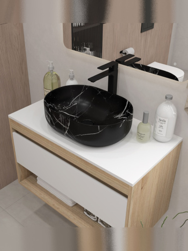Раковина из сантехнического фарфора Teymi Solli T50387 49х35 накладная цвет черный мрамор без отверстий под смеситель - фото 4