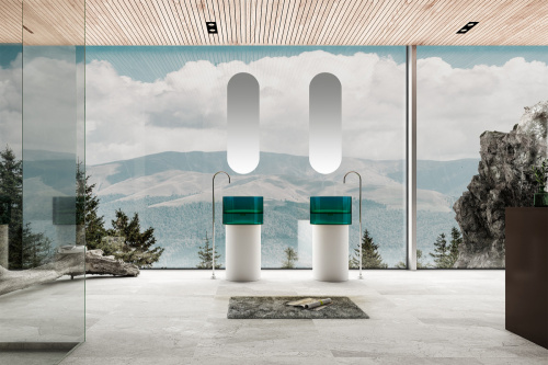 Раковина из полиэфирной смолы Abber KRISTALL AT2701White-Aquamarin 45х45 напольная цвет белый/бирюзовый без отверстий под смеситель - фото 2