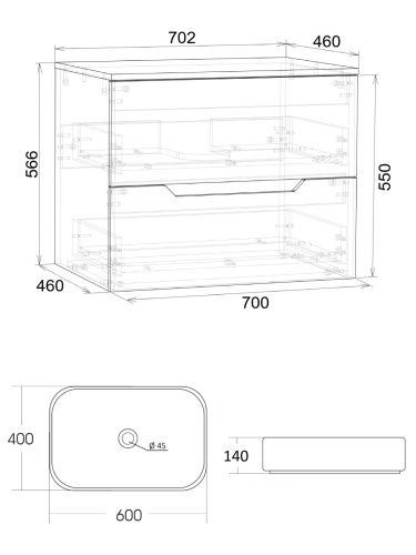 Тумба с раковиной Orange Line Li-70TugMDF+B03-600W 70х46х71 подвесная цвет графит матовый - фото 5