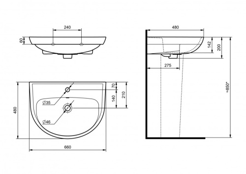 Раковина из сантехнического фарфора Santeri Прайм 131176S0011B0 48х66 подвесная цвет белый 1 отверстие под смеситель - фото 5