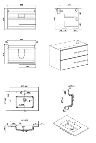 Тумба с раковиной Parly Bella Bella90 89,2х47,4х50 подвесная - фото 5