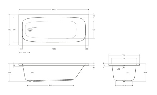 Ванна акриловая Cezares ECO ECO-170-75-41-W37 170х75 пристенная прямоугольная без каркаса - фото 3