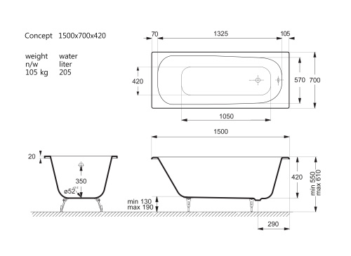 Ванна чугунная Vinsent Veron Concept VCO1507042 150х70 пристенная прямоугольная с ножками - фото 4