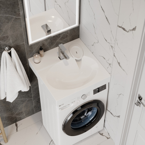 Раковина из литьевого мрамора Teymi Lori Pro T50412 59х59 над стиральной машиной цвет белый 1 отверстие под смеситель - фото 2