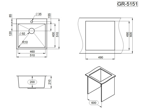 Кухонная мойка Granula 5151, СТАЛЬ САТИН 51х51 цвет сталь сатин поверхность матовая - фото 3