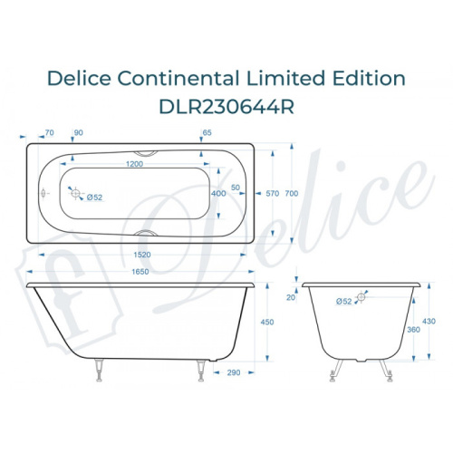 Ванна чугунная Delice Continental Limited Edition DLR230644R 165х70 пристенная прямоугольная без ножек с отверстиями под ручки - фото 2
