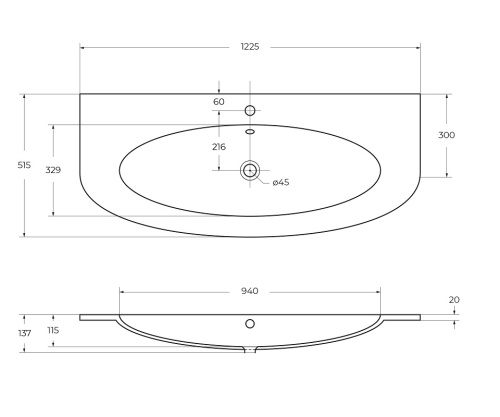 Раковина из искусственного камня Cezares EDEN 50178 122х52 подвесная цвет белый 1 отверстие под смеситель - фото 2