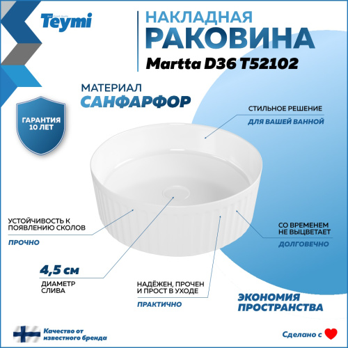 Раковина из сантехнического фарфора Teymi Martta T52102 36х36 накладная цвет белый без отверстий под смеситель - фото 2