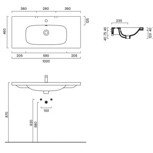 Раковина керамическая Catalano Alvea 100 см 621011001 подвесная цвет белый 1 отверстие под смеситель - фото 2