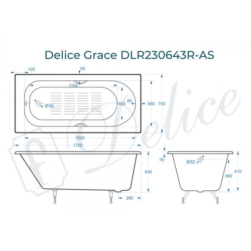 Ванна чугунная Delice Grace DLR230643R-AS 170х70 пристенная прямоугольная без ножек с отверстиями под ручки - фото 2