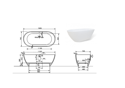 Ванна из литьевго мрамора Taliente Nemi NE15075 150х75 отдельностоящая овальная без каркаса - фото 5