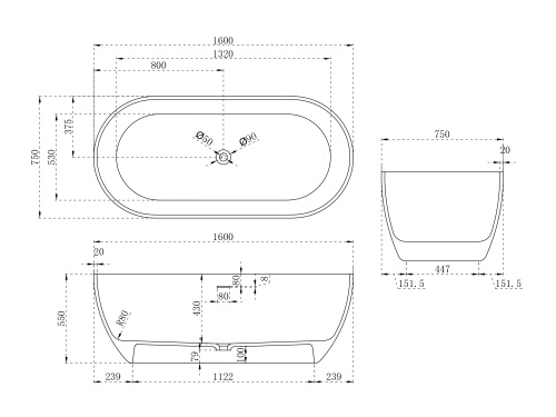 Ванна из искусственного камня Abber Stein AS9613-1.6 160х75 отдельностоящая овальная с ножками - фото 5
