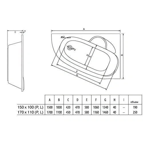 Ванна акриловая Alba Spa KATRINA ВАС028030П100 170х110 пристенная асимметричная без ножек - фото 2