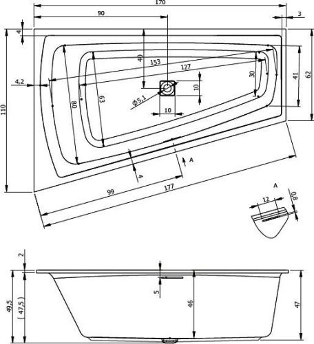 Ванна акриловая Riho STILL SMART B101001005 170х110 пристенная асимметричная без ножек - фото 3