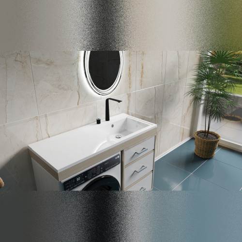 Раковина из литьевого мрамора Teymi Helmi T50306 110х48 над стиральной машиной цвет белый 1 отверстие под смеситель - фото 5