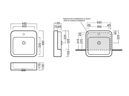 Раковина из санфаянса Hatria HAPPY HOUR Y0M801 48х48 полувстраиваемая цвет белый 1 отверстие под смеситель - фото 3
