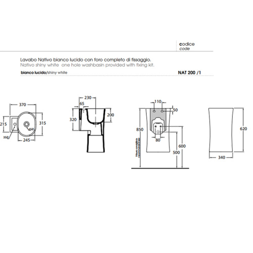 Раковина из санфаянса Azzurra Nativo LALS035370NM/(NAT200/1 bi)*1 35х37 подвесная цвет белый 1 отверстие под смеситель - фото 2