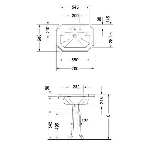 Раковина керамическая Duravit 1930 70 см 4387000301 подвесная цвет белый 3 отверстия под смеситель - фото 2