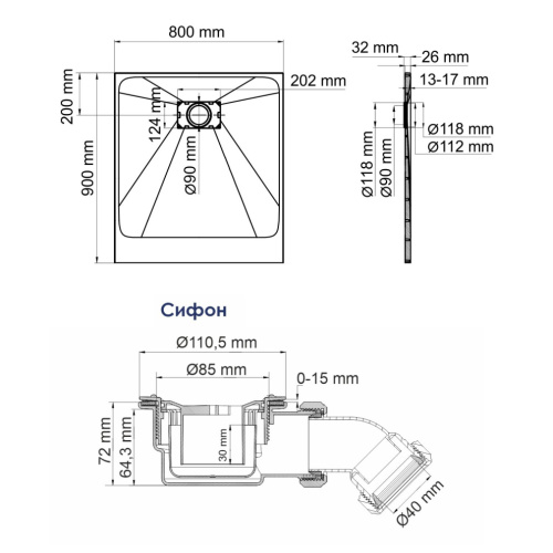 Душевой поддон WasserKRAFT Elbe 74T 74T20 90х80 стеклопластик черный - фото 2