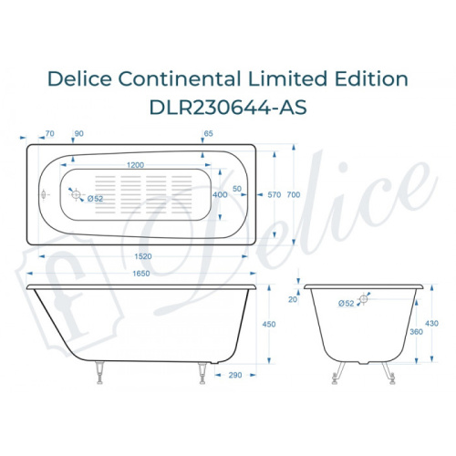 Ванна чугунная Delice Continental Limited Edition DLR230644-AS 165х70 пристенная прямоугольная без ножек с антискользящим покрытием - фото 2