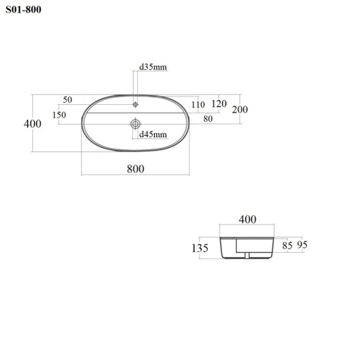 Раковина из сантехнического фарфора Bond Oval S01-800 80х40 накладная цвет белый глянцевый 1 отверстие под смеситель - фото 2