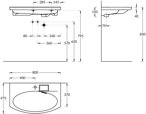 Раковина керамическая Kerama Marazzi RIVA RV.wb.80 80х48 подвесная цвет белый 1 отверстие под смеситель - фото 2