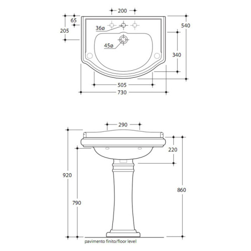 Раковина из сантехнического фарфора Kerasan Retro 104701*1 73х54 подвесная цвет белый 1 отверстие под смеситель - фото 2