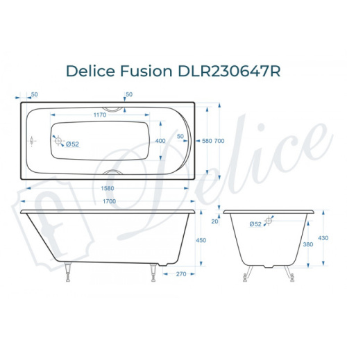 Ванна чугунная Delice Fusion DLR230647R 170х70 пристенная прямоугольная без ножек с отверстиями под ручки - фото 2