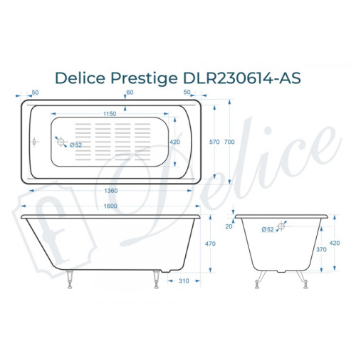 Ванна чугунная Delice Prestige DLR230614-AS 160х70 пристенная прямоугольная без ножек с антискользящим покрытием - фото 2