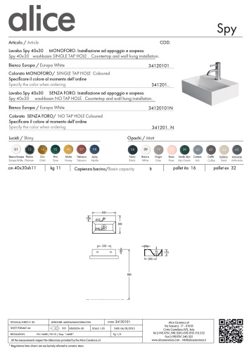 Раковина керамическая Alice Spy 34120101 40х13 подвесная цвет белый глянцевый - фото 5