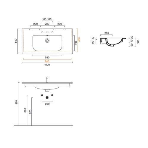 Раковина керамическая Catalano Italy 100 см 721010001 подвесная цвет белый без отверстий под смеситель - фото 2