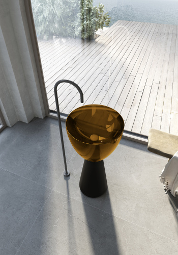 Раковина из полиэфирной смолы Abber KRISTALL AT2703Black-Vesuvian 45х45 напольная цвет черный/оливковый без отверстий под смеситель - фото 3