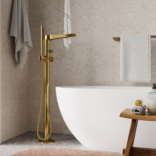 Смеситель для ванны с душем WasserKRAFT Sauer 7100 7121 напольный золото - фото 2