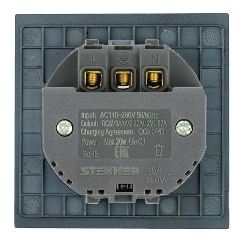 Розетка 1-местная з/ш с/з 16А + USB + Type C Stekker Мия 50452 - фото 5