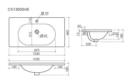 Раковина из сантехнического фарфора Ceramica Nova SABO CN13003MB 100х50 накладная цвет черный 1 отверстие под смеситель