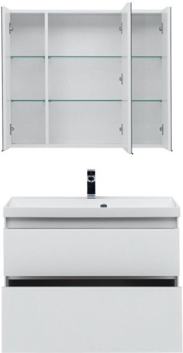 Комплект мебели: тумба с раковиной + зеркало-шкаф Aquanet Гласс 00240467 90x45x141 напольный/подвесной цвет белый - фото 4