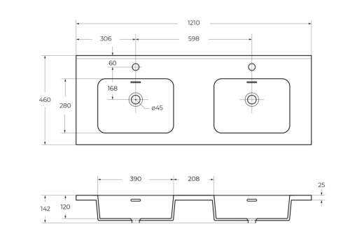 Раковина из искусственного камня Cezares 50211 121х46 подвесная цвет белый 2 отверстия под смеситель - фото 2