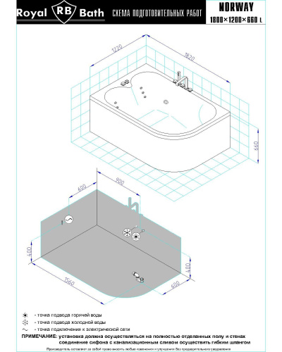 Ванна акриловая гидромассажная Royal Bath NORWAY RB331100DL-L 180х120 пристенная асимметричная с каркасом - фото 3