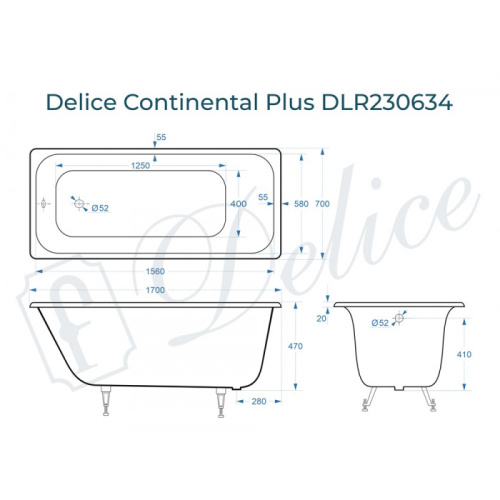 Ванна чугунная Delice Continental PLUS DLR230634 170х70 пристенная прямоугольная без ножек - фото 2