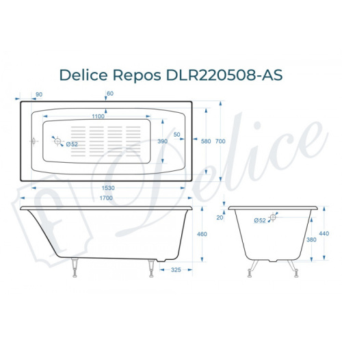 Ванна чугунная Delice Repos DLR220508-AS 170х70 пристенная прямоугольная без ножек с антискользящим покрытием - фото 2