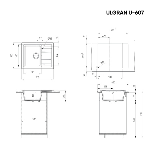 Кухонная мойка Ulgran Classic U-607-343 61х50 цвет антрацит - фото 2